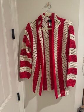 Vici Red and Cream Crochet Open-Front Coverup